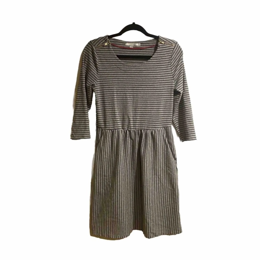 Boden Black and Gray Striped Midi Dress